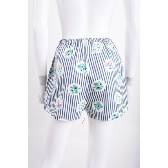 Vintage Womens PJ Pajama Shirt & Shorts Set M Blue White Striped Floral - Picture 12 of 13